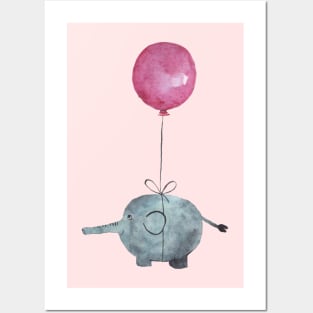 Pink air balloon and elephant Posters and Art